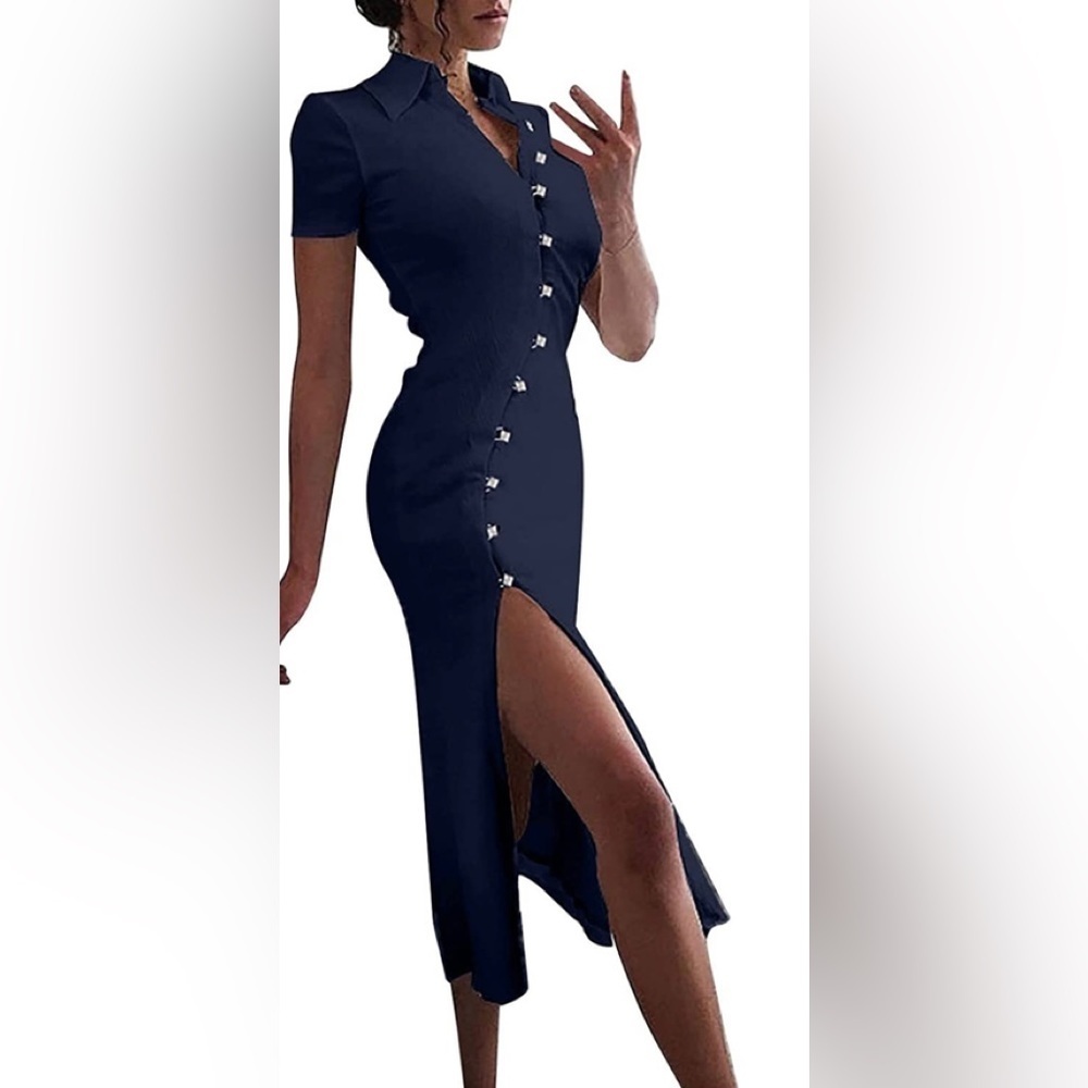 Women Collar Medium Sexy Button Split Dress - Picture 2 of 5